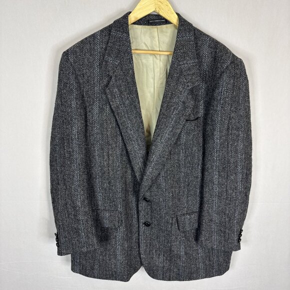 Vintage Harris Tweed Gray Herringbone Wool Sport Coat Men 46 Handwoven Scotland - Picture 1 of 9